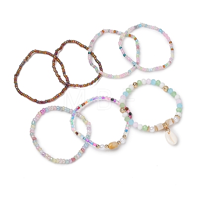 Bohemian Resin & Alloy & Glass Beads & Shell & Plastic Pearls Beaded Stretch Bracelets BJEW-Z169-01C-1
