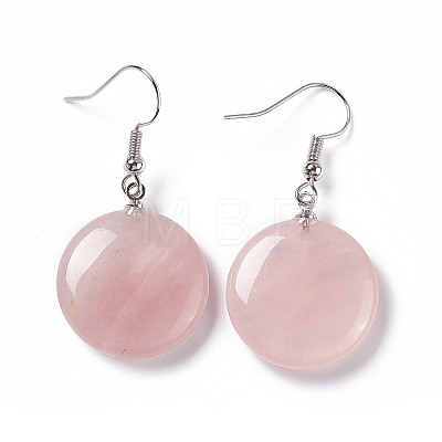 Natural Rose Quartz Flat Round Dangle Earrings EJEW-D188-03P-09-1