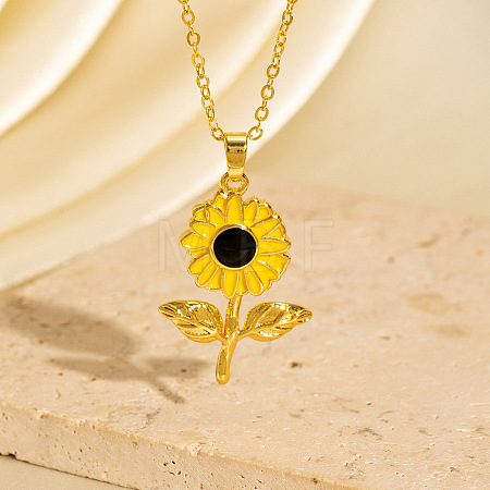 Brass Enamel Sunflower Pendant Necklaces for Women WGCF164-04-1
