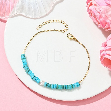 Natural Dyed Freshwater Shell Nuggets Beaded 304 Stainless Steel Cable Chain Anklets for Women AJEW-AN00827-02-1