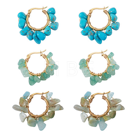 3 Pairs 3 Styles Natural Gemstone Chips Braided Hoop Earrings EJEW-TADJ00004-1