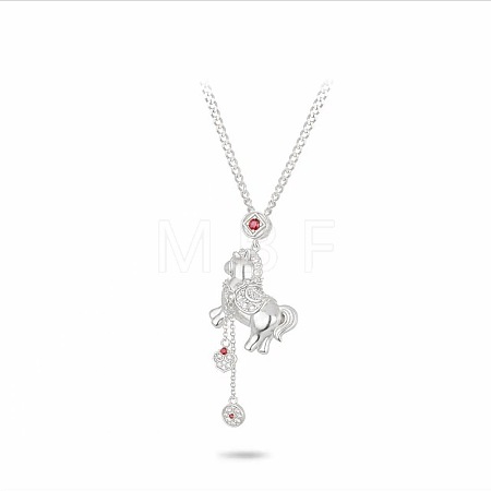 Brass Pave Clear & Red Cubic Zirconia Lucky Horse Pendant Coin Tassel Necklaces for Women WGC918A-01-1