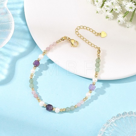 Natural Mixed Gemstone Faceted Round and Cube Beaded Bracelets with Natural Pearl & Brass End Chains BJEW-JB14336-02-1