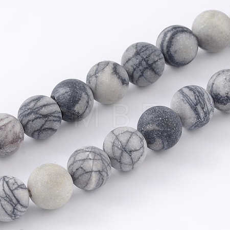 Round Frosted Natural Black Silk Stone/Netstone Bead Strands G-M248-8mm-03-1
