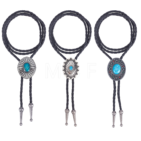 3Pcs 3 Styles Alloy Pave Resin Imitation Gemstone Flower Oval Pendant Bolo Tie Lariat Necklaces NJEW-CL0001-10-1