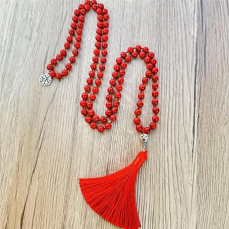 Dyed Synthetic Turquoise Mala Prayer Round Beaded Wrap Necklaces with Long Tassel and Metal Tree of Life FS-WG93CBE-05-1