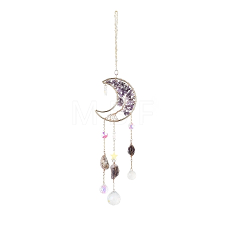 Natural Amethyst Chips Beaded Moon Hanging Sun Catchers HJEW-M004-13-1