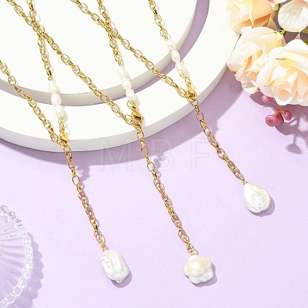 Adjustable Natural Baroque Keshi Pearl Tassel 304 Stainless Steel Cable Chain Lariat Necklaces for Women NJEW-JN06212-1