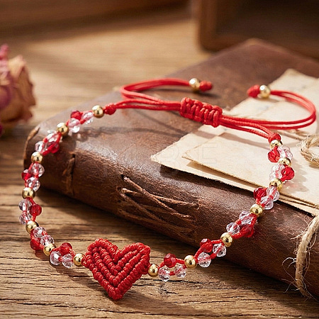 Valentine's Day Round Brass & Glass Beads Braided Bead Bracelets XT1729-1-1