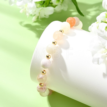 Natural Cherry Blossom Agate & Brass Beads Stretch Bracelets for Women BJEW-JB13831-1