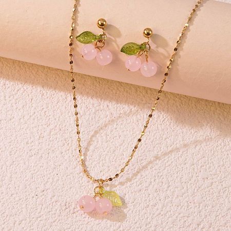 Cherry 304 Stainless Steel Glass Pendant Necklaces & Stud Dangle Earrings Sets WGB239D-02-1