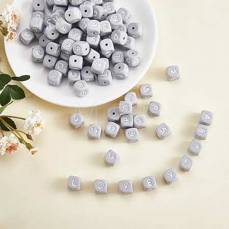 20Pcs Grey Cube Letter Silicone Beads 12x12x12mm Square Dice Alphabet Beads with 2mm Hole Spacer Loose Letter Beads for Bracelet Necklace Jewelry Making JX436B-1