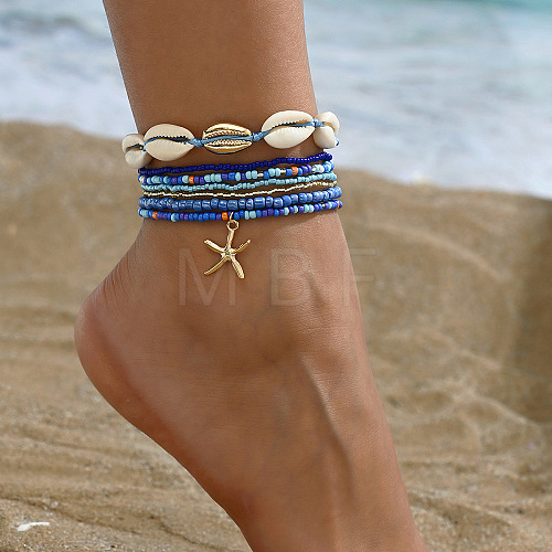 7Pcs 7 Styles Summer Beach Glass Seed Beaded & Natural Shell & Alloy Starfish Charm Anklets WG60733-04-1