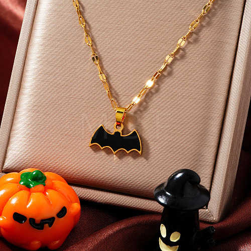 Stainless Steel Enamel Halloween Bat Pendant Dapped Chain Necklaces EL6242-1