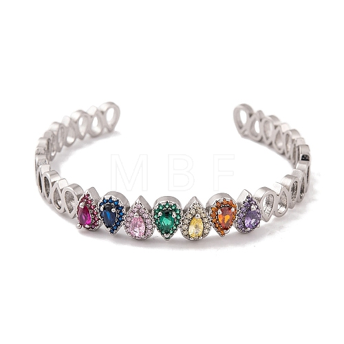 Brass Pave Colorful Cubic Zirconia Open Cuff Bangles for Women BJEW-S147-32P-B-1