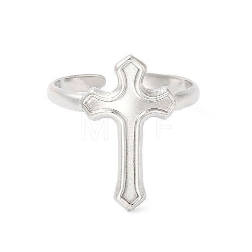 Non-Tarnish 304 Stainless Steel Cross Open Cuff Ring for Women RJEW-K245-32P-1