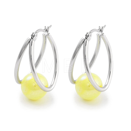 304 Stainless Steel & Plastic Imitation Pearl Oval with Ball Hoop Earrings for Women EJEW-C096-13P-04-1