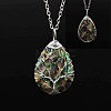 Double Sided Natural Paua Shell Copper Wire Wrapped Tree of Life Teardrop Pendant Necklaces FS-WG9357B-03-1