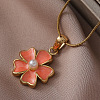 304 Stainless Steel Enamel with Imitation Pearl Flower Pendant Necklaces for Women ZA2839-2-1