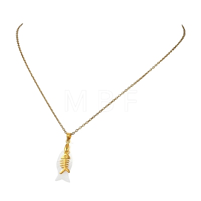 Ocean Natural Shell Fish and Alloy Fish Bone Pendant 304 Stainless Steel Cable Chain Necklaces for Women NJEW-JN06191-1
