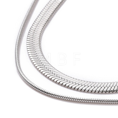 316 Stainless Steel Round Snake and Herringbone Chains Double Layer Necklace for Women Men NJEW-C025-01P-1