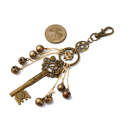 Alloy Cat Head & Brass Bell & Key Pendant Decorations HJEW-JM04094-1