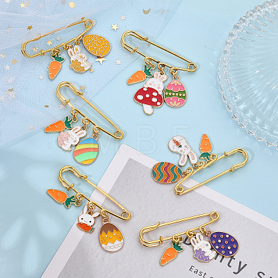 10Pcs 10 Style Easter Egg & Rabbit & Carrot Alloy Enamel Charms Safety Pin Brooch JEWB-CA0001-22-1
