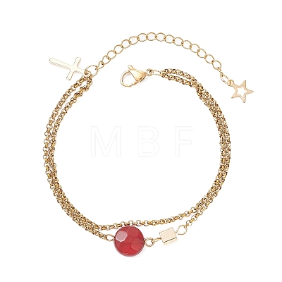 Natural Red Agate Faceted Flat Round with Brass Cube Link Bracelets BJEW-JB13481-1