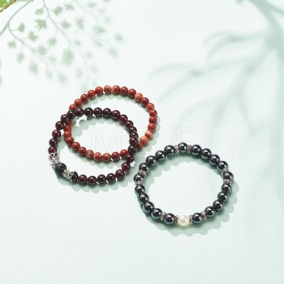3Pcs 3 Style Natural & Synthetic Mixed Stone Round Beaded Stretch Bracelets Set BJEW-JB08586-1