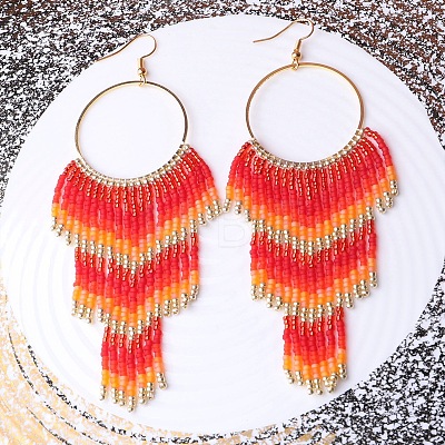 Alloy Glass Seed Beads Ring Tassel Dangle Earrings FS-WG48D5F-01-1