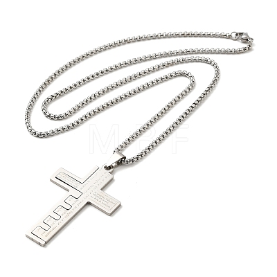 Cross with Word 304 Stainless Steel Pendant Necklace with Box Chains NJEW-F319-02P-1