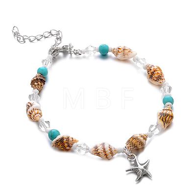 Bohemian Style Natural Shell & Synthetic Turquoise Beaded Anklets Alloy Starfish Charm Anklets for Summer Beach WG85091-01-1