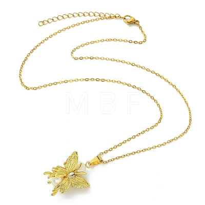 Brass Micro Pave Cubic Zirconia and Natural Pearl Butterfly Pendant 304 Stainless Steel Cable Chain Necklaces for Women NJEW-JN06182-1