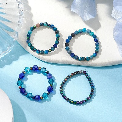 4Pcs Round Natural Chrysocolla & Lapis Lazuli Beads Stretch Rings for Unisex RJEW-JR00750-1