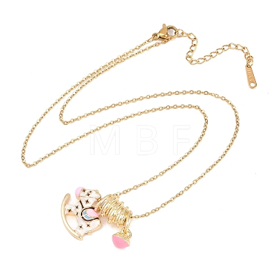 304 Stainless Steel Enamel Pink Coin Horse Pendant Necklaces for Women NJEW-K306-01G-1