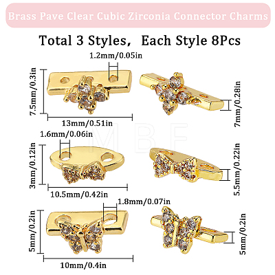 SUNNYCLUE 24Pcs 3 Styles Brass Pave Clear Cubic Zirconia Connector Charms KK-SC0004-24G-1