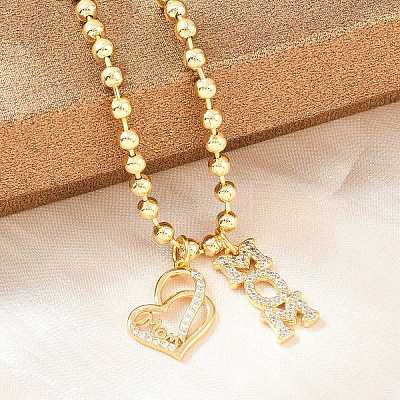 Mother's Day Brass Micro Pave Clear Cubic Zirconia Mom Heart Pendant Necklaces for Women NJEW-A071-06B-G-1