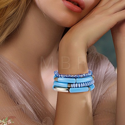 4Pcs 4 Style Acrylic Chunky Curved Tube Stretch Bracelet Sets BJEW-SW00074-03-1