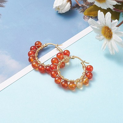 Round Natural Red Agate Wire Wrapped Big Hoop Earrings for Women EJEW-TA00048-01-1