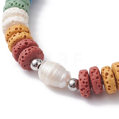 Dyed Natural Lava Rock & Pearl Beaded Strtch Bracelet BJEW-JB10053-02-1