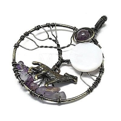 Natural Amethyst and White Shell Copper Wire Wrapped Big Pendants G-K404-01AB-1
