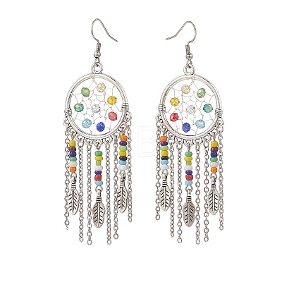 Alloy Woven Net/Web with Feather Chandelier Earrings with Glass Beaded EJEW-TA00159-1