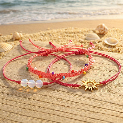 3Pcs Adjustable Glass Bead Nylon Cord Braided Bead Bracelet Sets NA1872-2-1