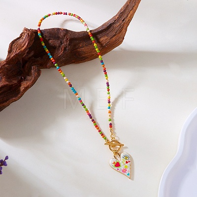 Bohemian Zinc Alloy Enamel Heart Pendant Glass Seed Beaded Nacklaces with OT Clasps for Women WGD622F-01-1