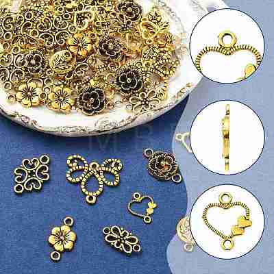 64Pcs 8 Styles Tibetan Style Alloy Heart Flat Round Flower Links Connector Charms TIBE-FS0003-34-1