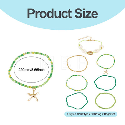 2 Bags Summer Beach Glass Seed Beaded & Natural Shell & Alloy Starfish Charm Anklet Sets AJEW-TA0003-69E-1