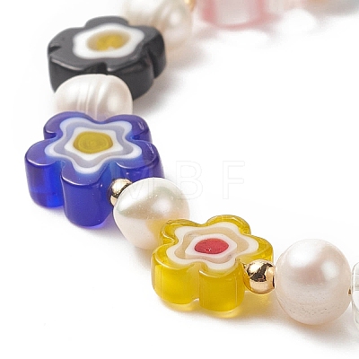 Millefiori Glass Flower & Natural Pearl Beaded Bracelet for Women BJEW-JB09138-1