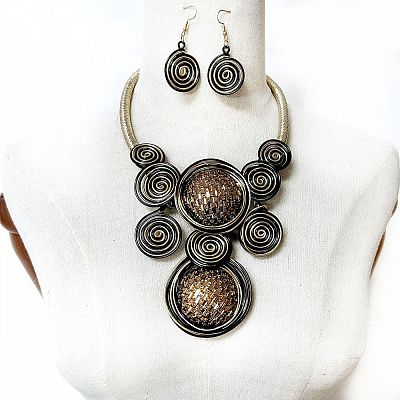 Flat Round Alloy with Aluminum Wire Wrapped Resin Pendant Necklaces & Dangle Earrings Sets FS-WGE4BA0-03-1