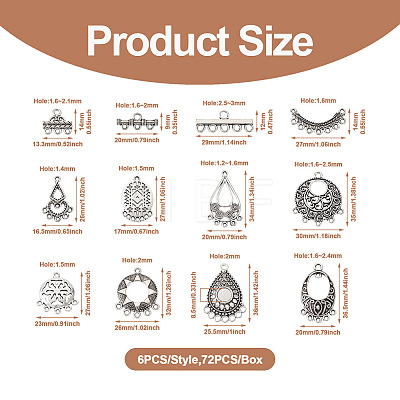  Jewelry 72Pcs 12 Style Tibetan Style Alloy Chandelier Components Links TIBE-PJ0001-01-1