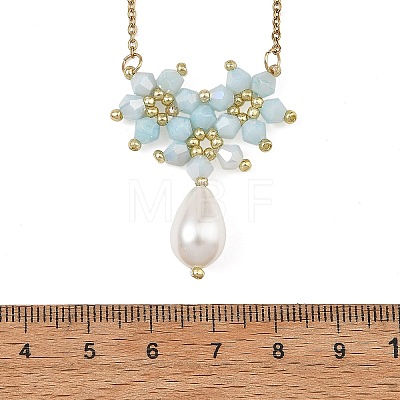 Electroplate Glass Beaded Flower Teardrop Pendant 304 Stainless Steel Cable Chain Necklaces NJEW-MZ00156-03-1